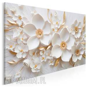 obraz na płótnie - białe kwiaty złoty bukiet glamour 120x80 cm 120401