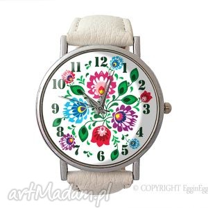 ręcznie robione zegarki folkowe kwiaty - skórzany zegarek z dużą