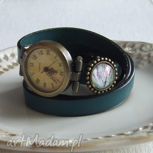 handmade zegarki zegarek vintage z grafiką skórzany morska zieleń