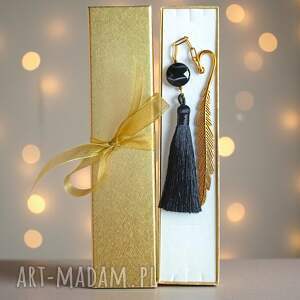 Zakładka Premium z czarnym agatem - kamień równowagi, chwost i złoto, handmade