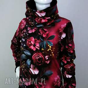 bluza damska z kominem burgundowy ogród kapturem kwiaty