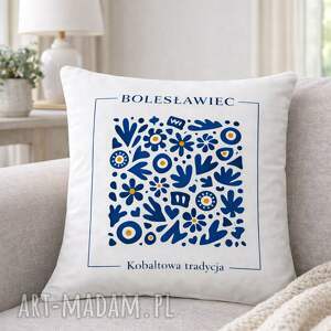 frou poduszka z motywem bolesławieckiej ceramiki, niebieski kobaltowy
