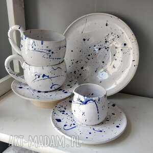 handmade ceramika zestaw dwóch filiżanek, dzbanuszka i talerza