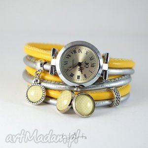 komplet - zegarek i kolczyki srebrny, żółty owijany, rzemienie, bransoletka