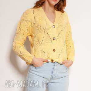 ażurowy sweter na guziki - swe143 żółty