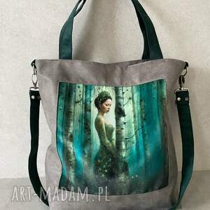 torba na ramię xxl - print z serii duchy lasu, nubuk syntetyczny, welur