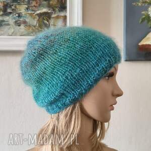 ręcznie na drutach - laguna miła, ciepła, szlachetna czapka z jedwabiu, moheru
