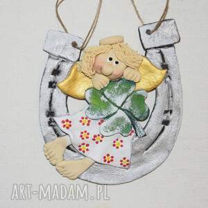 handmade dekoracje na szczęście dla pani - aniołki z masy solnej, podkowa