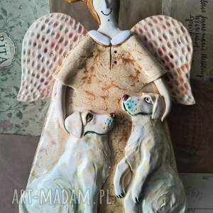 Aniołek z 2 golden retrivierami, ceramika, anioł, pies