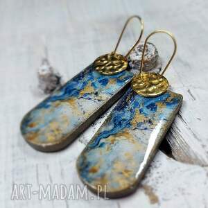 kolczyki decoupage, wiszące fale, stal chirurgiczna żywica akwarela, pod choinkę
