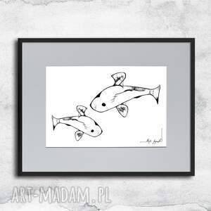 grafika z ramą - ryby nr 11, rysunek rybami, dekoracja na ścianę do biura