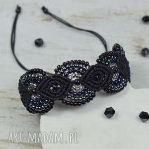 hand-made elegancka bransoletka z koralików w odcieniach czerni, srebra i ganatu