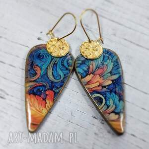 kolczyki decoupage, orientalne, wiszące stal chirurgiczna żywica złoto