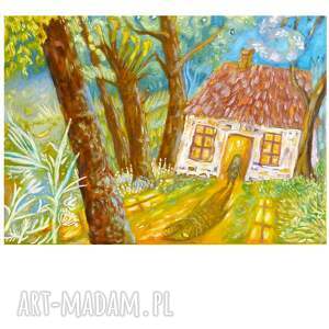 farba i treść obraz olejny, metafora, dom w lesie dziewczynka wyobraźnia