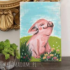 szczęśliwa świnka - chwila beztroski na łące obraz na drewnie styl
