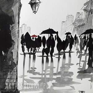 "deszcz na starym mieście" obraz tuszem i piórkiem artystki adriany