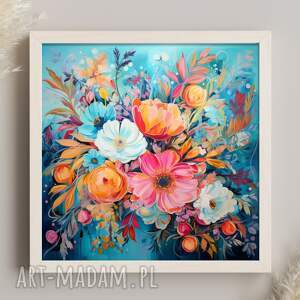 niebieski obraz z kwiatami - niebieski plakat z pomarańczowymi kwiatami 40x40 cm