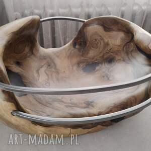 Kosz na owoce, dekoracja na stół, duża misa rzeźbiona z drewna, orzech