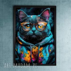 hipsterski kot hubi - grafika na plakacie A3 dla kociarzy, prezent