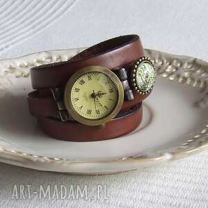 zegarek vintage z grafiką skórzany koniakowy, biżuteria, bransoletka złoto