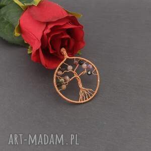 zawieszka wisiorek z miedzi drzewko turmalinem kolorowym, wirewrapping, drzewo