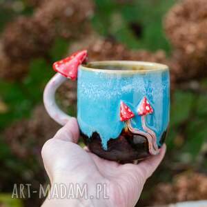 handmade kubek z muchomorkiem jesienne zbiory turkus 400 ml, ceramika