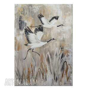 żurawie 17 ptaki obraz do salonu malowany na płótnie, obrazy ręcznie malowane
