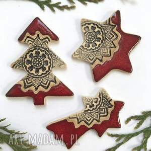 ceramika ana zestaw 3 magnesów w czerwieni, upominki świąteczne magnesy