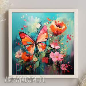 turkusowy obraz z motylem i kwiatami - wydruk artystyczny 50x50 cm plakat