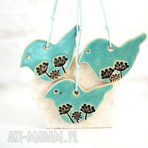 handmade święta prezenty 3 ceramiczne ozdoby - ptaszki turkusowe