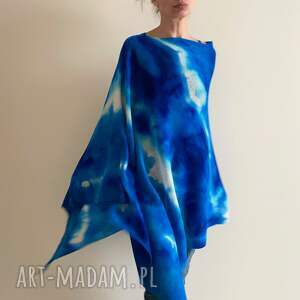 niebieskie ponczo z wełny merino, tunika, narzutka, unikat, prezent