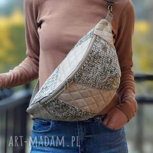 beżowa patchworkowa damska nerka xxl mini plecak nerkoplecak na prezent