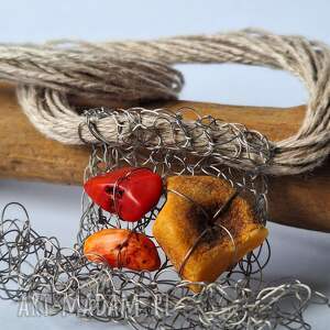 handmade naszyjniki lniany naszyjnik z koralem i bursztynem