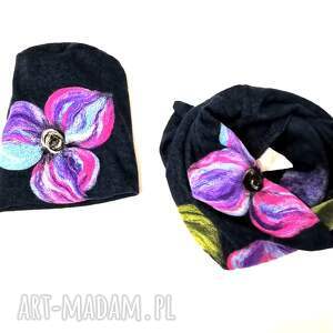 czarny komplet wełniany, etno boho, folk, kwiaty, prezent