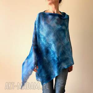 poncho narzutka lniana w odcieniach blue, ponczo tunika unikatowa, prezent