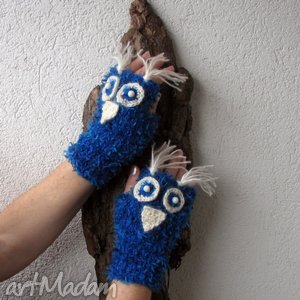 sowy niebieskie - rękawiczki, mitenki, mankieciki