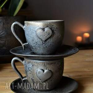 filiżanki dla pary z sercem złote rustykalne ceramiczne na ślub