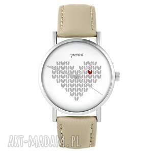 yenoo zegarek - serce dziergane beżowy, skórzany, grafika niej, prezent