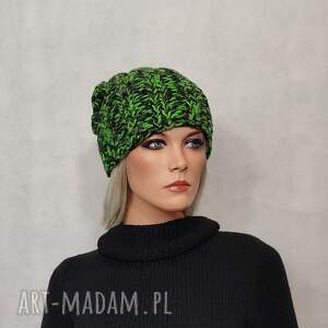 czapka unisex zielono - czarna ręcznie robiona na drutach