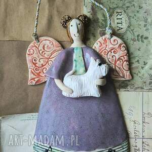 aniołek z westie i nutkami, ceramika pies, nuty, muzyka