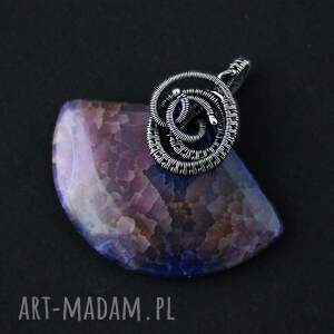 Duży wisior z wężowym agatem fioletowo-niebieskim - wire wrapping z oksydowanym srebrem