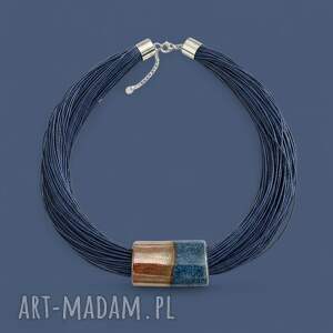 naszyjnik len granatowy z ceramiką, lnu ceramika na lnie