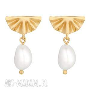 złote kolczyki wachlarze z naturalnymi perłami pozłacany sztyfty