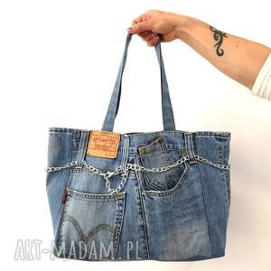 handmade duża torba z jeansu z ozdobnym łańcuszkiem