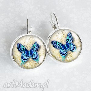 kolczyki z motylami w szkle, motylki, niebieskie, błękit, owady, unikatowa