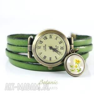 ręcznie wykonane bransoletka, zegarek - wiesiołek - skórzany, oliwkowy