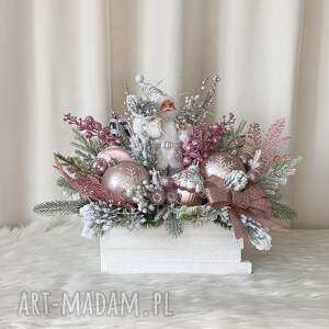 dekoracja świąteczna z mikołajem srebro i róż stroik na boże narodzenie