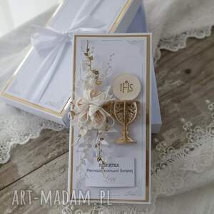kartka na komunię dla chłopca i dziewczynki biało złota, komunia kartka