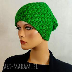 zielona czapka handmade, ciepłe czapki ręcznie robione czapki, dziergane