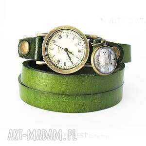 handmade bransoletka, zegarek - biała sowa - oliwkowy, skórzany